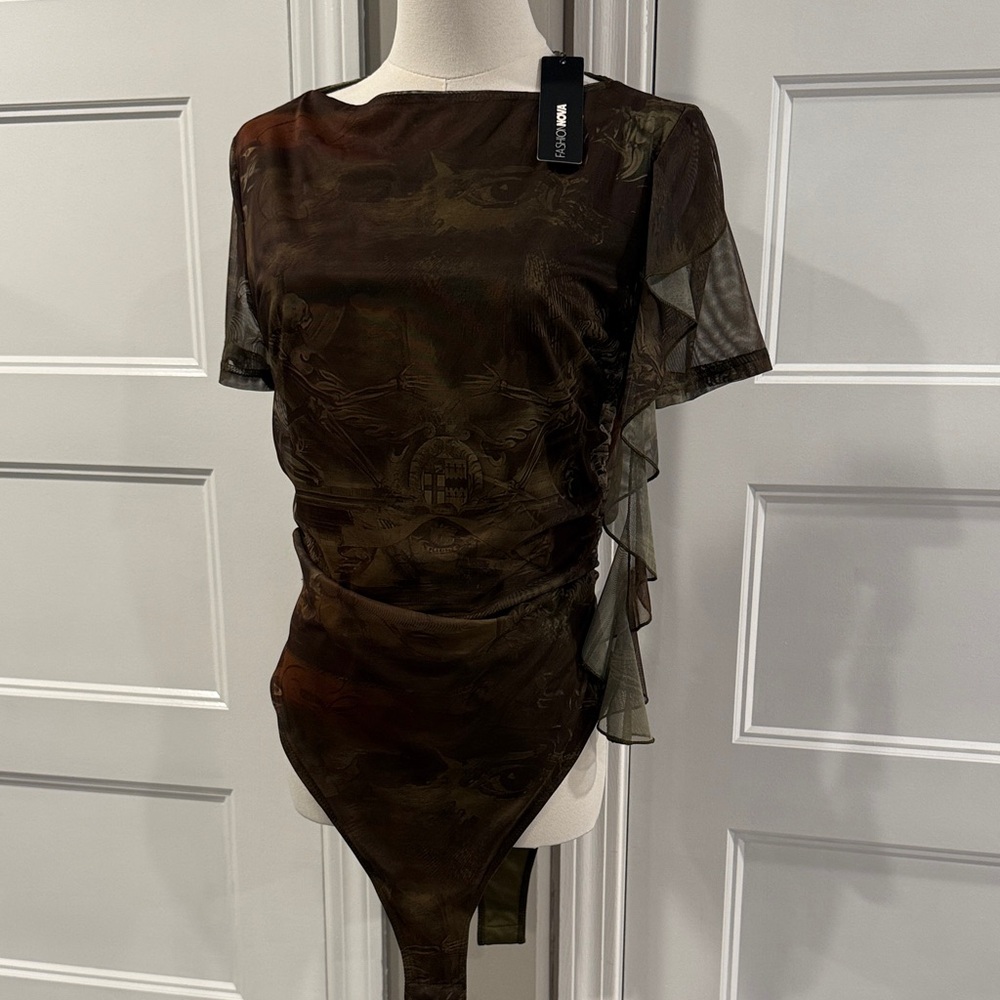 Fashion Nova Olive Sheer Top with Ruffle Detail